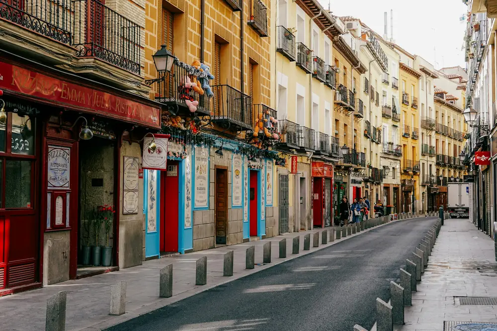 Street in central Madrid with colorful façades and balconies