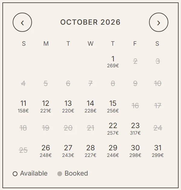 October availability calendar with nightly prices and booked days struck through