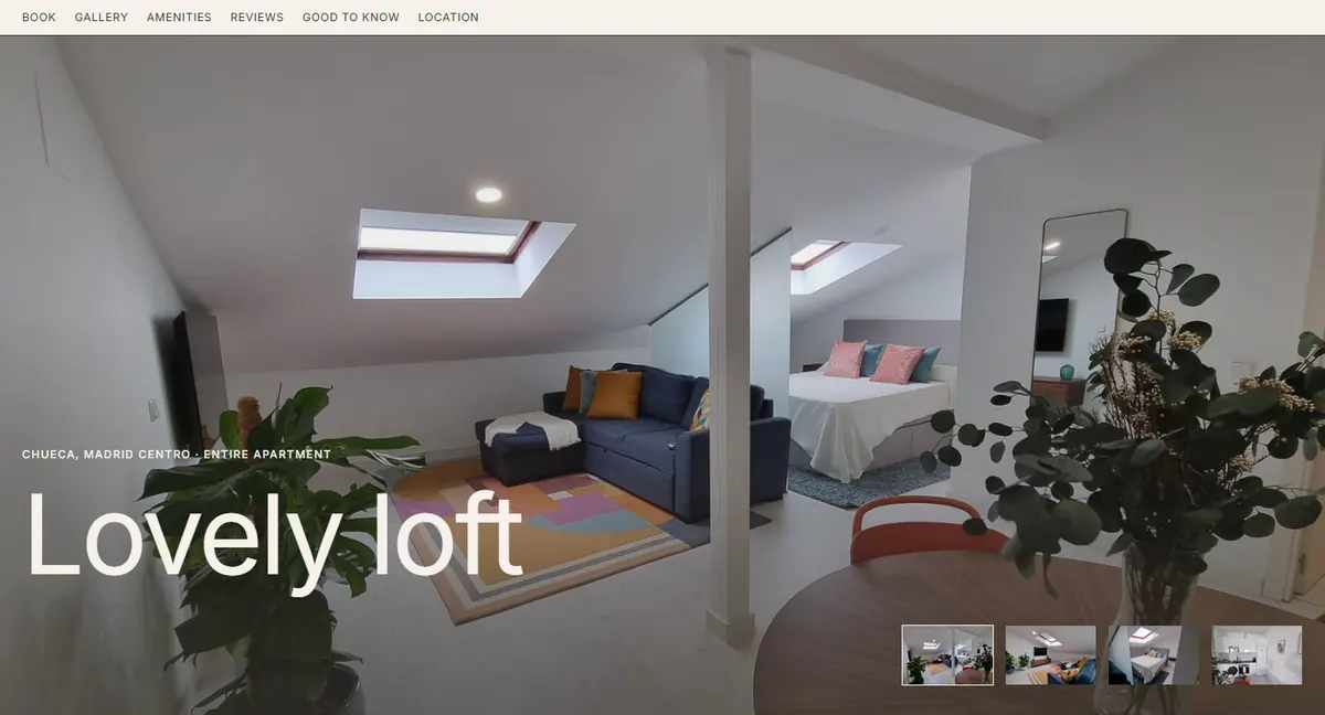 Loft Heart of Madrid website: full-screen photo of a loft with skylights in Chueca